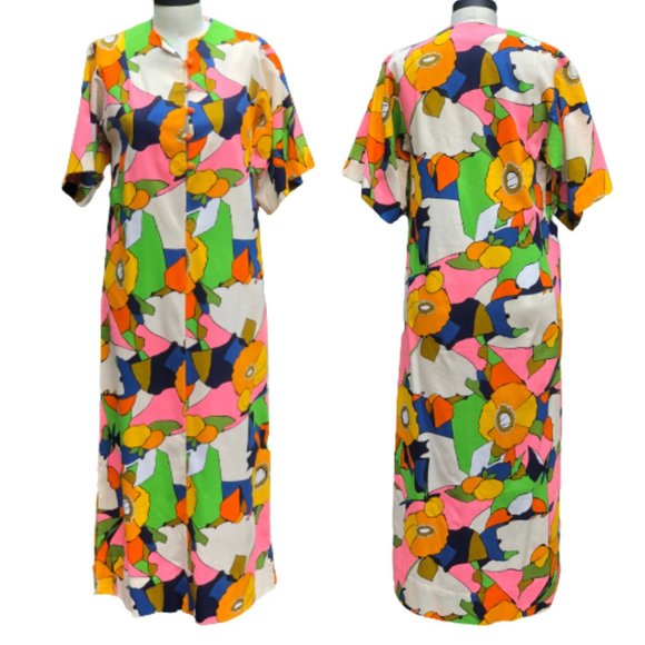 Vintage 60s/70s Psychedelic Floral Citrus Fruit Flower Power Hostess Maxi Dress - Picture 4 of 16